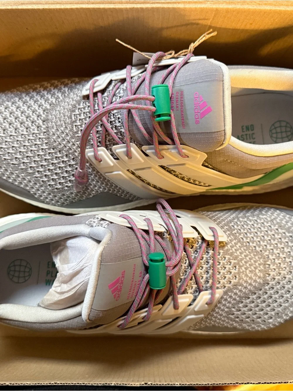 adidas Men's Athletic Running Shoes Gray with Green and Pink Accents